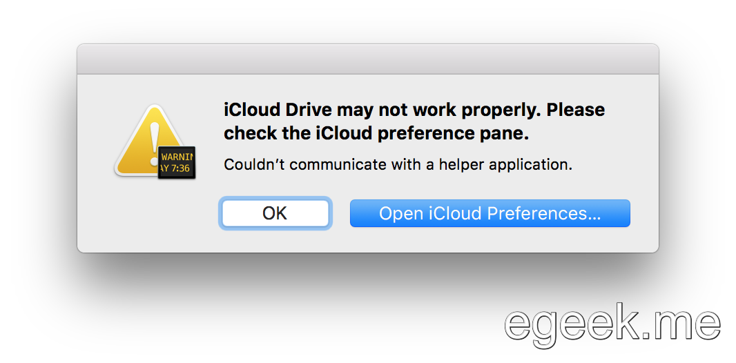 "iCloud Drive may not work properly. Please check the iCloud preference pane."